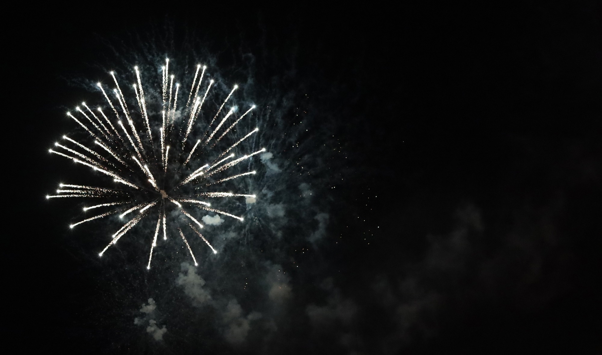 A firework against the dark sky, with trails of chemical smoke.