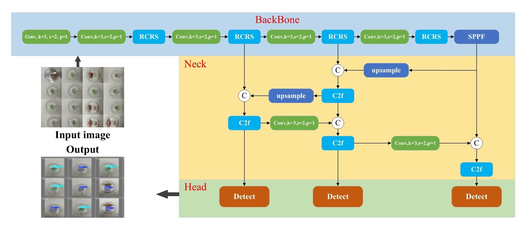 The ROL-YOLO Framework. This framework consists of three components: the backbone, the neck, and the detection head. The backbone network consists of convolutional layers and a cascaded network constructed by serially connecting RCRS modules.