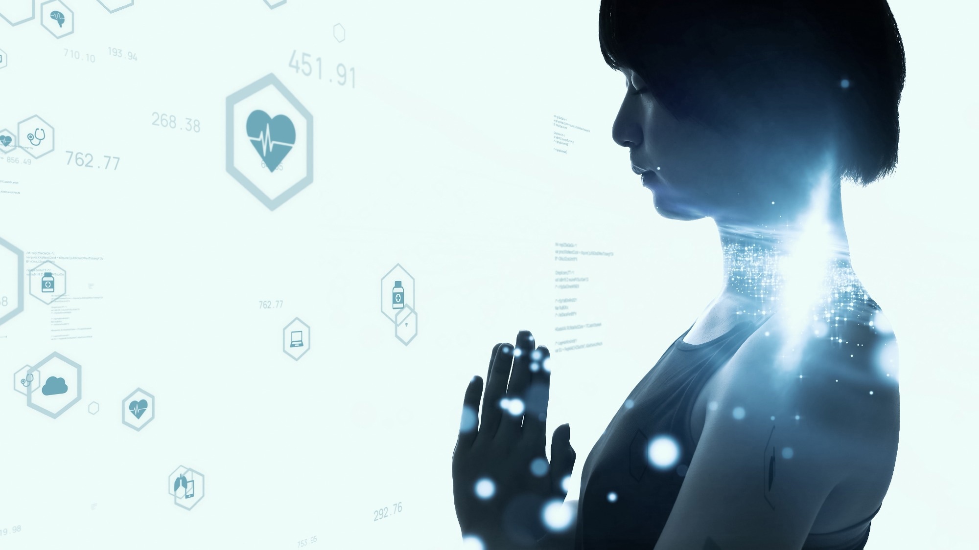 A woman practising mindfulness with healthcare-inspired imagery superimposed.